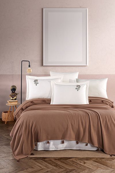Marka Newhome Double Fringed Hand Embroidered 100% Cotton Luxury Pique Set Brown
