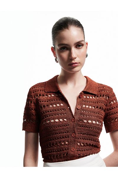 Koton X Melis Ağazat - Openwork Short Sleeve Polo Neck Crochet Cardigan