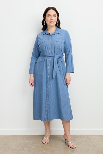 accort Büyük Beden Kuşaklı Uzun Kot Elbise-MAVİ