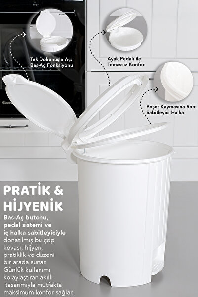 Meleni Home 12 Litre Bas Aç Kapaklı Çöp Kovası - Click Kapak Pedallı Çöp Kovası Banyo Mutfak Çöp Kovası Beyaz