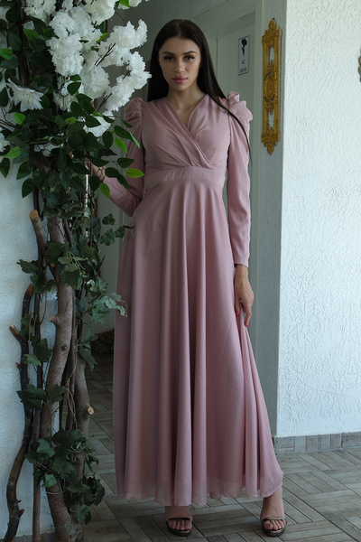 Feminist V Yaka Parıltılı Uzun Kollu Abiye Pudra 6502514