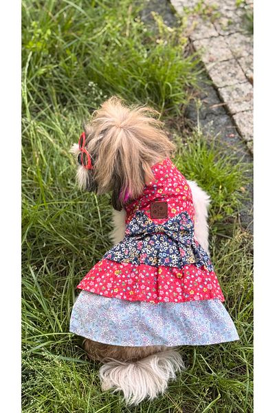 For a Fur Dog Dress Outfit Floral Pattern Red Blue Navy Blue Poplin Fabric Pleated Cat Dress