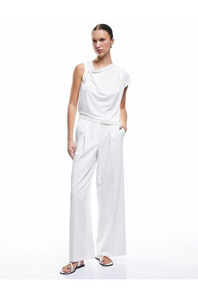 Koton Sandy Fabric Pearl Detail Asymmetrical Degaje Collar Sleeveless Blouse