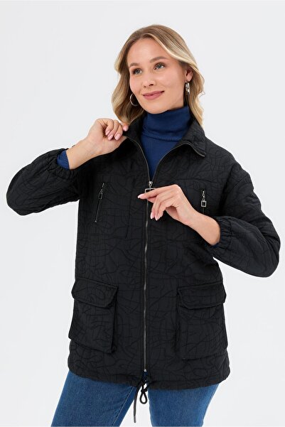 accort Cep Detaylı Büyük Beden Kapitone Ceket-SİYAH