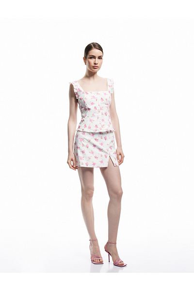 Koton Standard Waist Cotton Slit Detail A-Line Poplin Floral Mini Skirt