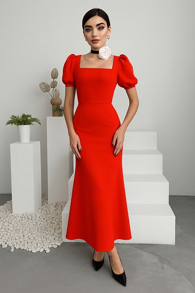 Deafox Red Women's Square Neck Watermelon Sleeve Zippered Crepe Fabric Dress