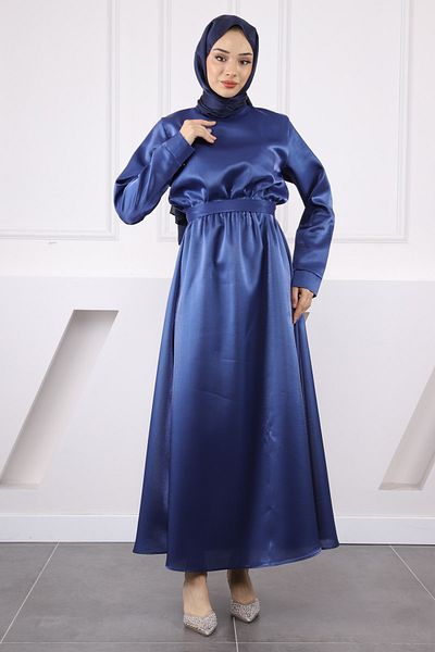 İmajButik Βραδινό φόρεμα με ελαστική μέση σατέν μπλε Navy Blue