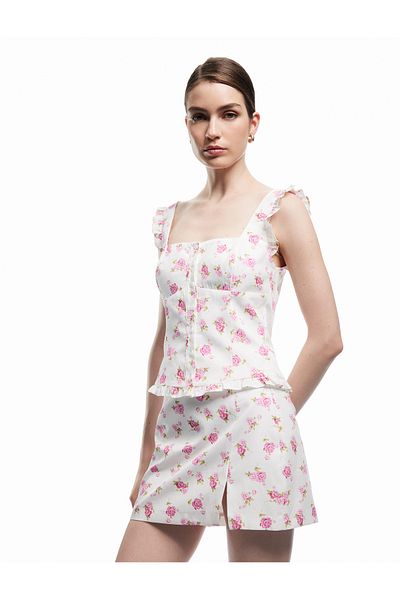 Koton Standard Waist Cotton Slit Detail A-Line Poplin Floral Mini Skirt