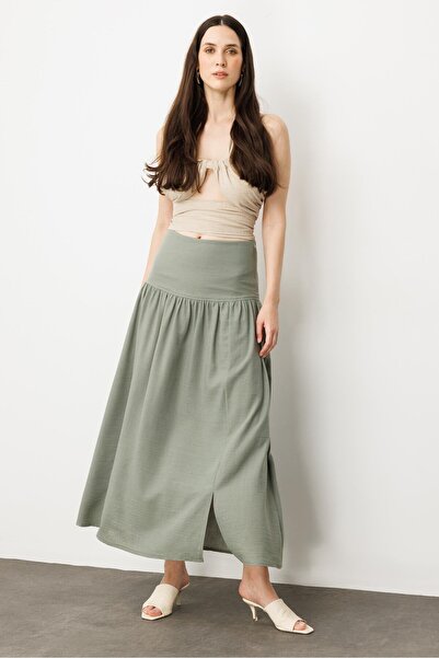 accort Korsajlı Büzgülü Uzun Etek-HAKİ