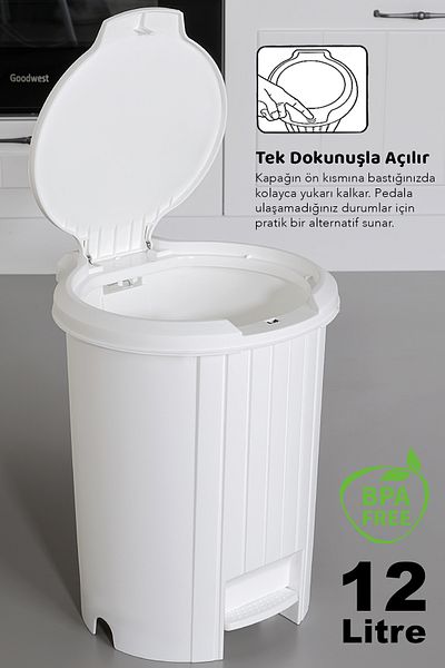 Meleni Home Κάδος απορριμμάτων με ανοιχτό κάλυμμα - Κάδος απορριμμάτων με πεντάλ με κάλυμμα μπάνιου Κάδος απορριμμάτων κουζίνας 12 λίτρων Λευκό