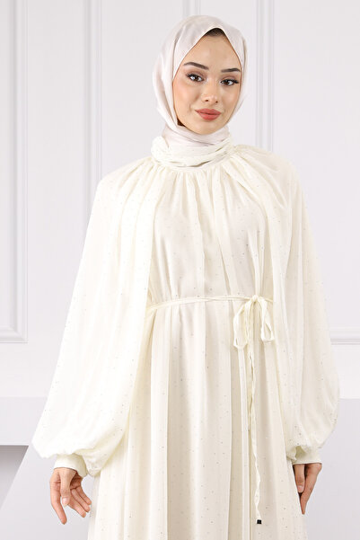 İmajButik Βραδινό φόρεμα σιφόν με κρεμ γιακά με κορδόνι