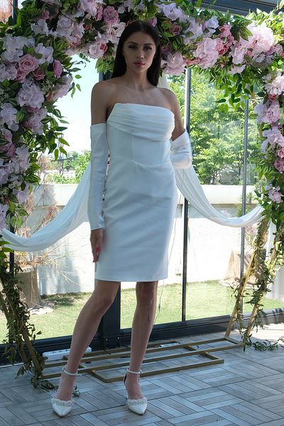 Feminist Draped Button Detailed Mini Size Evening Dress White 9705537