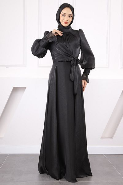 İmajButik Μαύρο βραδινό φόρεμα με λεπτομέρεια με μανίκια