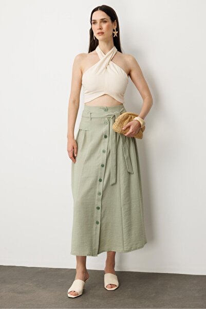 accort Önden Düğmeli Kemer Detay Etek-SU YEŞİLİ