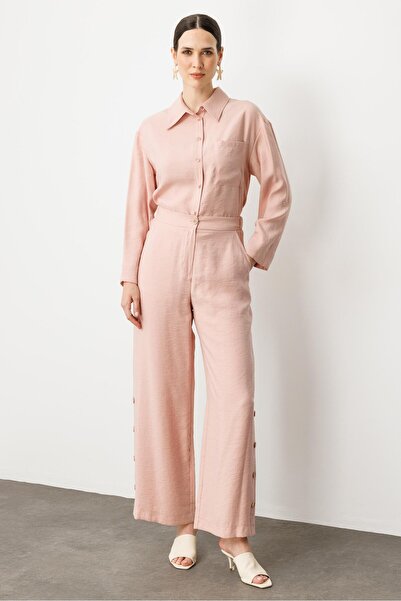 accort Düğme Detaylı Bol Paça Pantolon-PUDRA