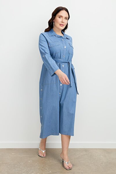 accort Büyük Beden Kuşaklı Uzun Kot Elbise-MAVİ