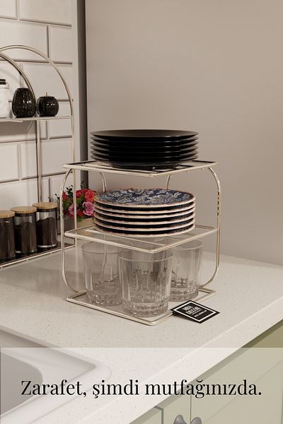 mba decor metal bending art Silver Metal 2 Tier Plate Rack – Countertop Kitchen Organizer Rack Stand Organizer