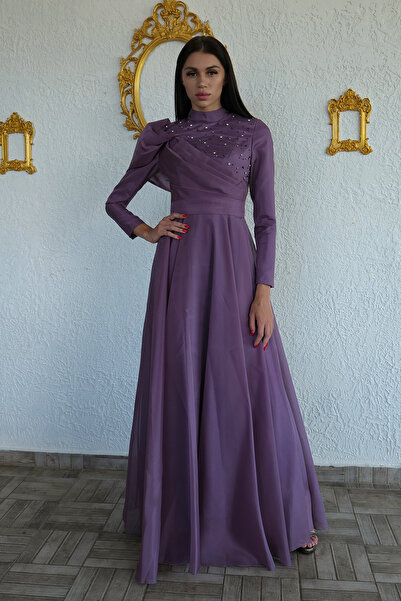 Feminist İnci Detaylı Bisiklet Yaka Tesettür Abiye Lavanta 6502511