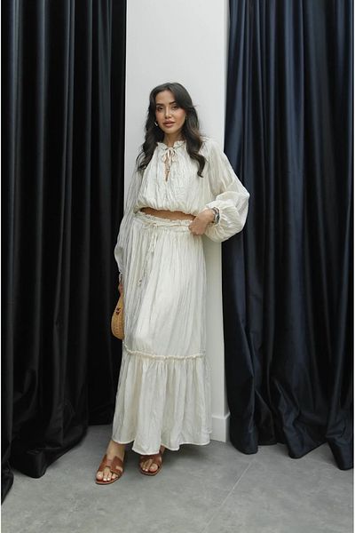 My Blog Cream Flounce Wrinkle Blouse Skirt Set - 8722