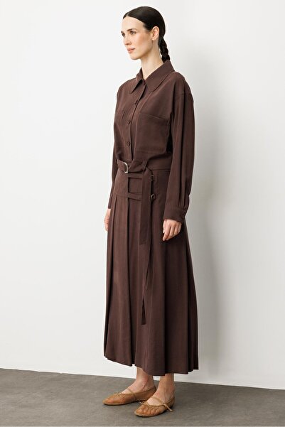 accort Pileli Kuşaklı Uzun Etek-KAHVE