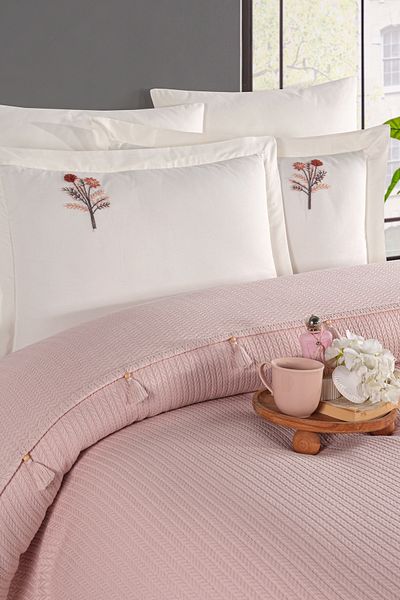 Marka Newhome Double Fringed Hand Embroidered 100% Cotton Luxury Pique Set Pink