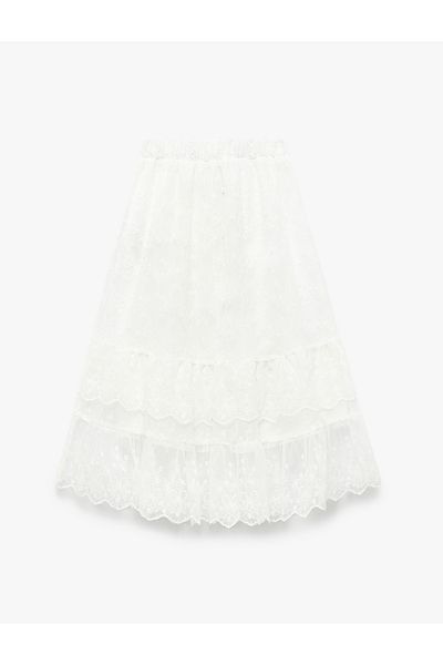 Koton Cotton Lined Midi Tulle Skirt with Elastic Waist and Fold Detail