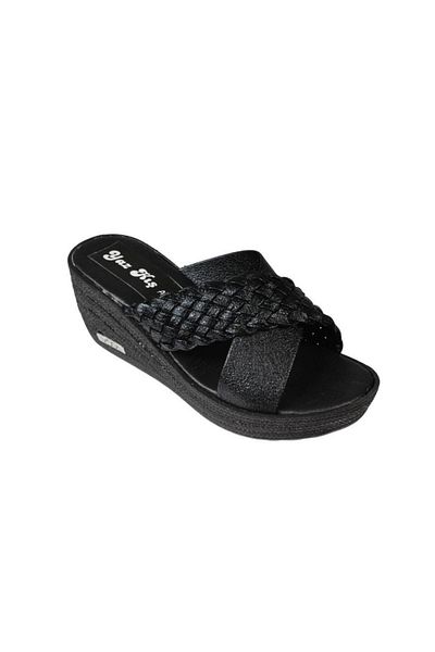 Yaz Kış Ayakkabı Yazkiş Women's Black Cross Strap Knitted 7cm Wedge Heel Slippers