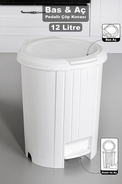 Meleni Home Κάδος απορριμμάτων με ανοιχτό κάλυμμα - Κάδος απορριμμάτων με πεντάλ με κάλυμμα μπάνιου Κάδος απορριμμάτων κουζίνας 12 λίτρων Λευκό