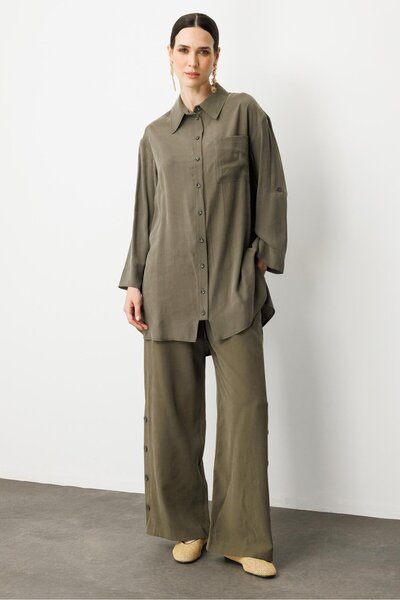 accort Yan Düğme Detay Cupra Tunik Gömlek-HAKİ