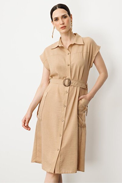 accort Keten Görünümlü Kuşaklı Elbise-CAMEL