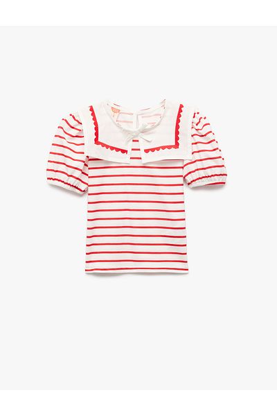 Koton Short Balloon Sleeve Cotton Bow Detailed Baby Collar Striped T-Shirt