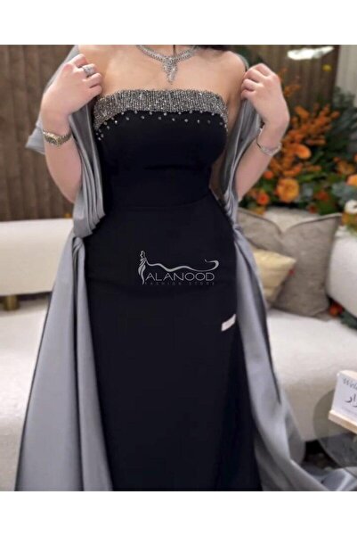 ALANOOD FASHION فستان سهرة أسود بشت رصاصي بتطريز على الصدر مميز