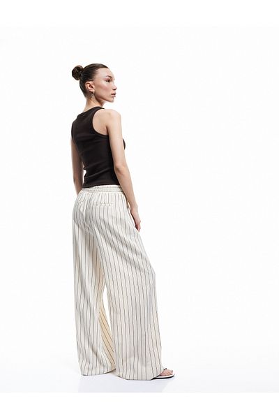 Koton Viscose Blended Regular Waist Comfortable Fit Striped Trousers with Pockets