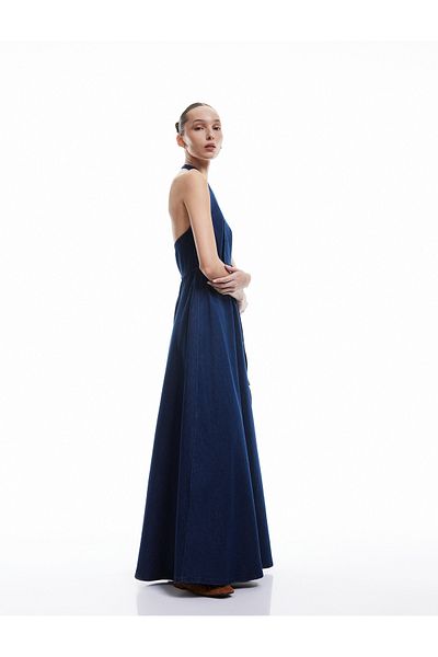 Koton Double Breasted Collar Belt Detail Backless Flounced Long Denim Dress