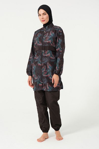 TESMAY Women's Leaf Patterned Gilet Full Covered Hijab Swimsuit 22171-25 Black