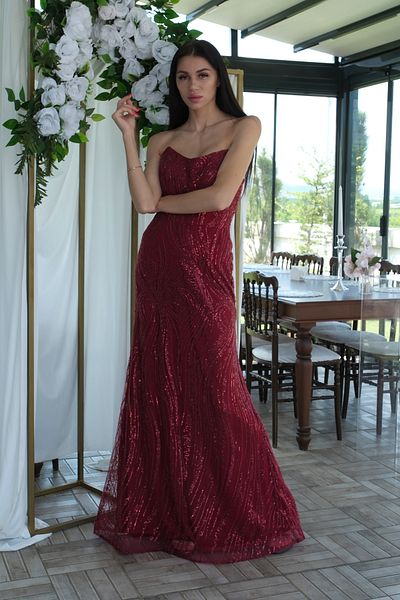 Feminist Stone Embroidered Long Fish Evening Dress Burgundy 0801056