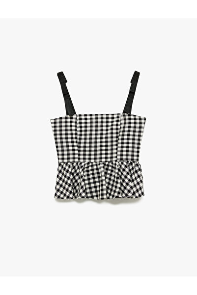 Koton Viscose Lined Square Neck Ruffle Strap Gingham Blouse