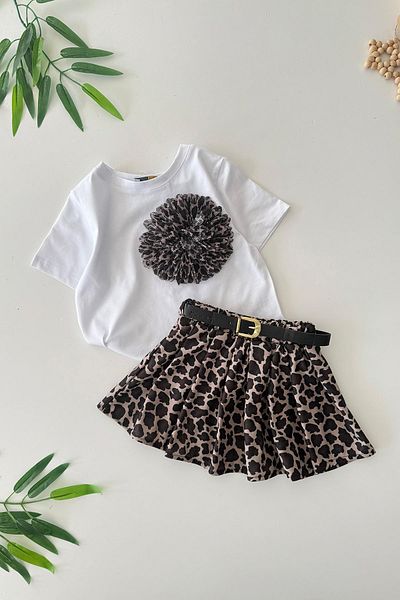 Minigimin Cicileri Tricou cu aplicație florală 3D și fustă cu imprimeu leopard pentru fetiță - alb
