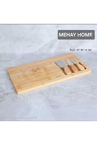 MEHAY HOME 4 Parça Bambu Lüx Naturel Bambu Çelik Bıçaklı Peynir Sunum Seti (1...