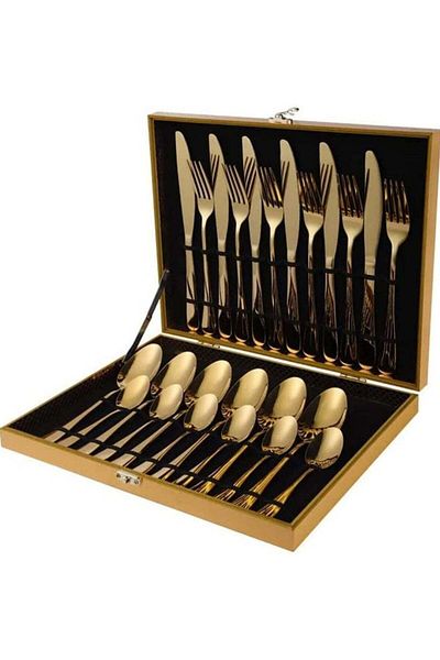huitich 24 Pcs Stainless Steel Reusable Spoon Fork And Knives Gold Color Cutlery Set