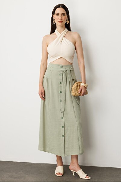 accort Önden Düğmeli Kemer Detay Etek-SU YEŞİLİ