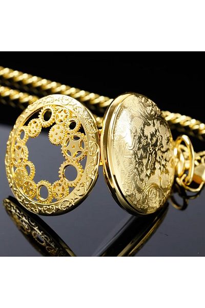 STİLLOVE Gold Color Pocket Watch with Chain Wheel Embroidered Sl12081