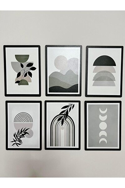 BGV HOME 6'lı Geometrik ve Doğa Temalı Siyah Çerçeveli Modern Duvar Tablosu Seti