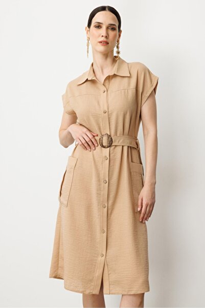 accort Keten Görünümlü Kuşaklı Elbise-CAMEL