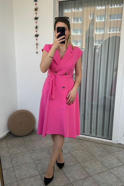 Kubos Moda Jacket Collar Dress Fuchsia Sleeveless Dress with Belt