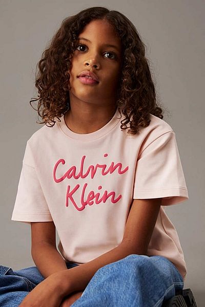 Calvin Klein Girls Pink Script Logo Boxy Short Sleeve T-Shirt