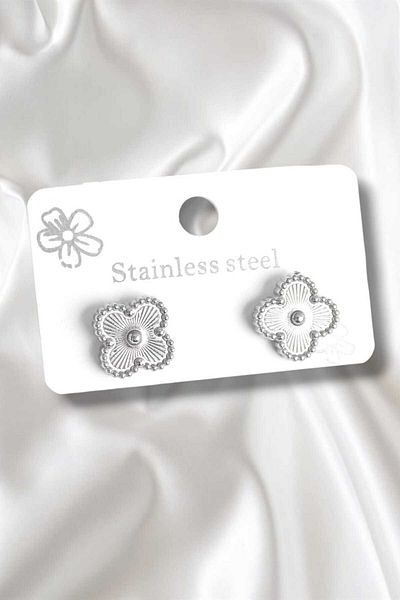REBORN DESIGN 316L Steel Silver Color Processing Detailed Clover Model Women's Earrings