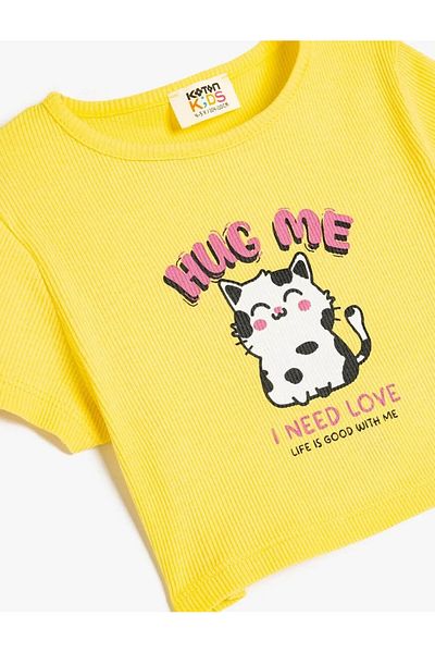 Koton Crew Neck Short Sleeve Kitten Print Yellow Girl's T-Shirt 5Skg10252Ak
