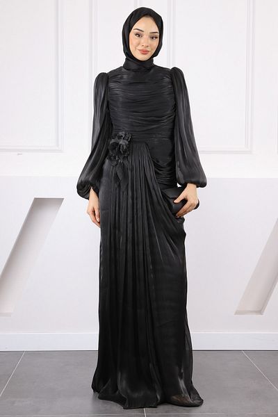 İmajButik Μαύρο βραδινό φόρεμα με λεπτομέρεια τριαντάφυλλου στο μπροστινό μέρος