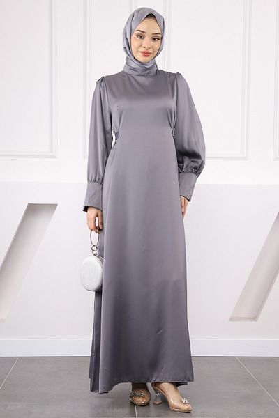 İmajButik Γκρι βραδινό φόρεμα με μανικετόκουμπα και ζώνη μέσης
